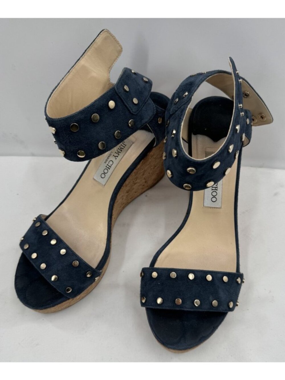 JIMMY CHOO Dark Navy Suede Studded Cork Nelly Wedge Sandals Heels Shoes Sz 41.5 - Picture 9 of 16